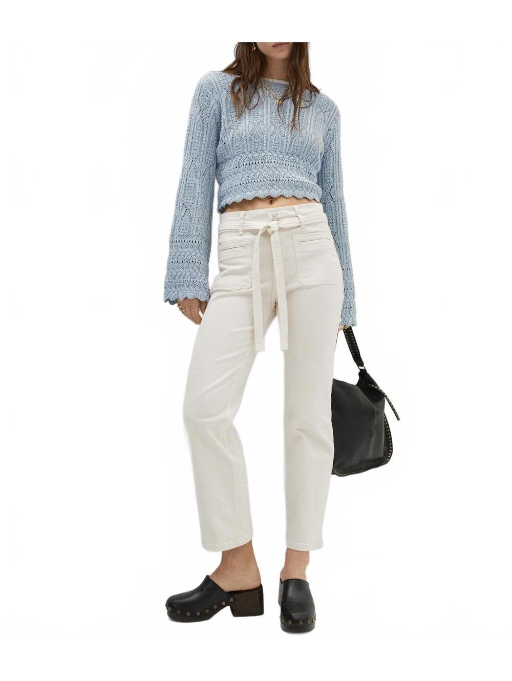 Mango Bow Straight Leg Ankle Jeans Ecru Off White NWT Size 8